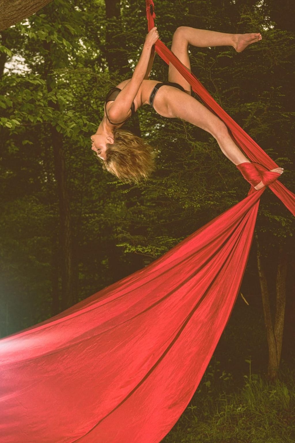 Lana West in a black bikini performing an inverted aerial silks split pose on red fabric in a forest.